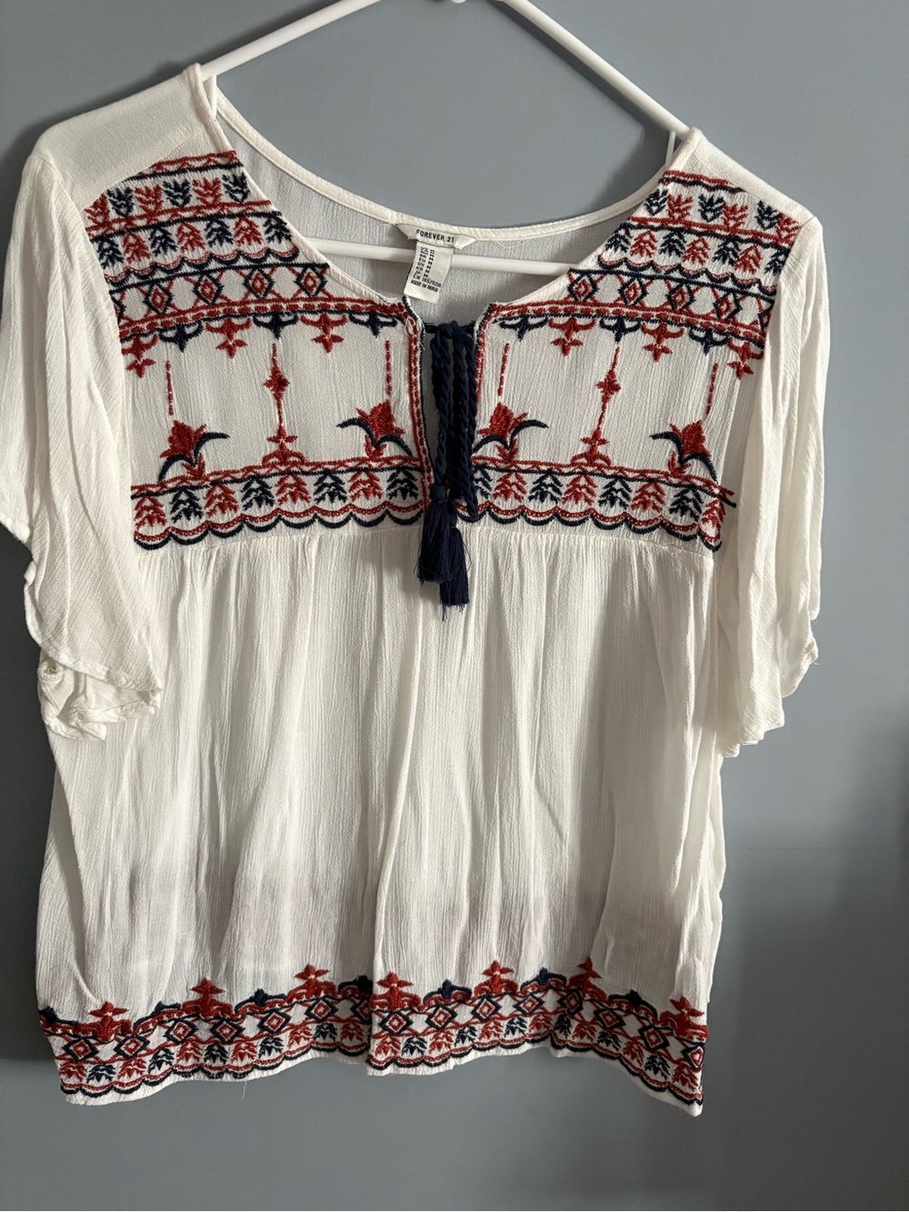 Forever 21 White Embroidered Boho Blouse with Red and Navy Detail